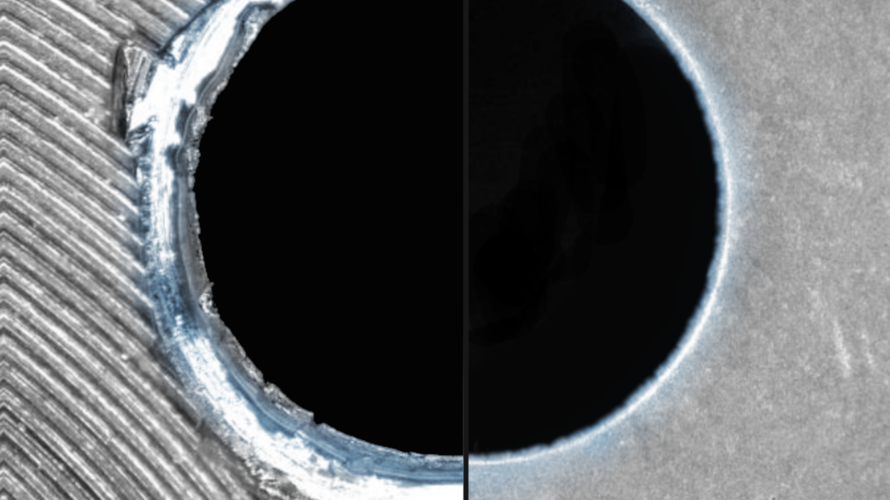 Magnification of a borehole: View before and after chemical deburring.